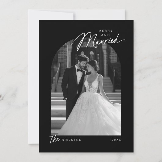 Eenvoudige zwart wit Merry Getrouwd Script Foto Feestdagenkaart (Voorkant)