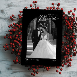 Eenvoudige zwart wit Merry Getrouwd Script Foto Feestdagenkaart