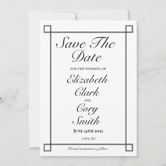 Eenvoudige zwart-wit minimalistische elegantie bru save the date (Voorkant)