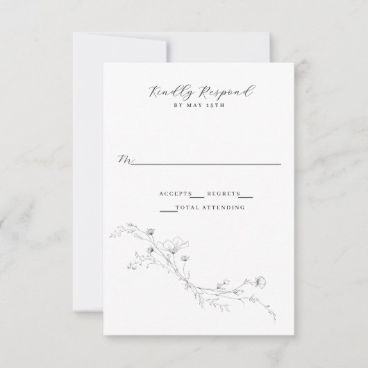 Eenvoudige zwart-wit minimalistische rustieke bloe RSVP kaartje (Voorkant)
