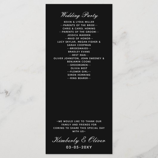 Eenvoudige zwart-wit minimalistische trouwprogramm programmakaart (Achterkant)