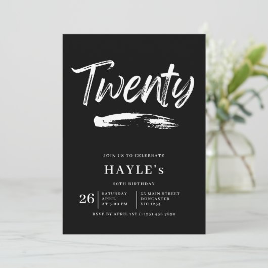 Eenvoudige zwart-wit moderne borstel 20e verjaarda kaart (Staand voorkant)