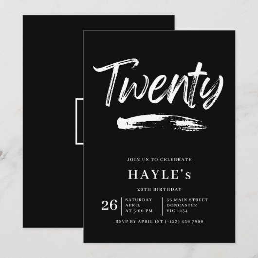 Eenvoudige zwart-wit moderne borstel 20e verjaarda kaart (Voorkant / Achterkant)