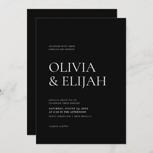 Eenvoudige zwart-wit moderne formele bruiloft kaart (Voorkant / Achterkant)