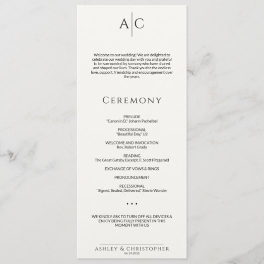 Eenvoudige zwart-wit monogram bruiloft ceremonie programmakaart (Voorkant)