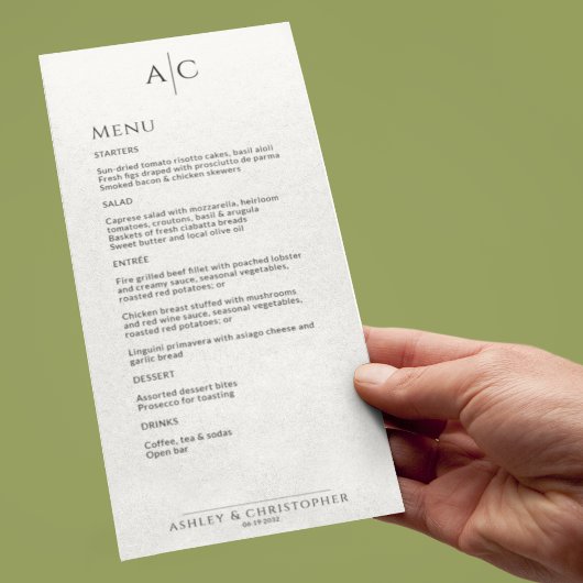 Eenvoudige zwart-wit monogram bruiloft receptie menu
