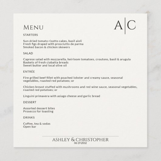 Eenvoudige zwart-wit monogram bruiloft receptie menu (Voorkant)