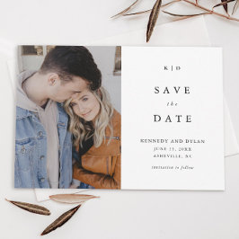 Eenvoudige zwart-wit monogram foto trouwkaart save the date