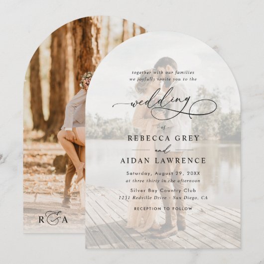 Eenvoudige zwart-wit overlay foto boog bruiloft kaart (Voorkant / Achterkant)