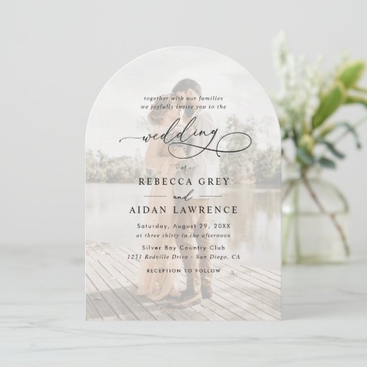 Eenvoudige zwart-wit overlay foto boog bruiloft kaart (Staand voorkant)