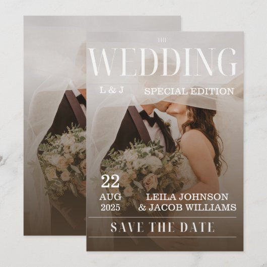 Eenvoudige zwart-wit overlay foto bruiloft uitnodi kaart (Voorkant / Achterkant)