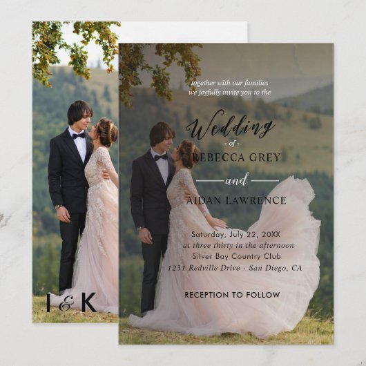 Eenvoudige zwart-wit overlay foto bruiloft uitnodi kaart (Voorkant / Achterkant)