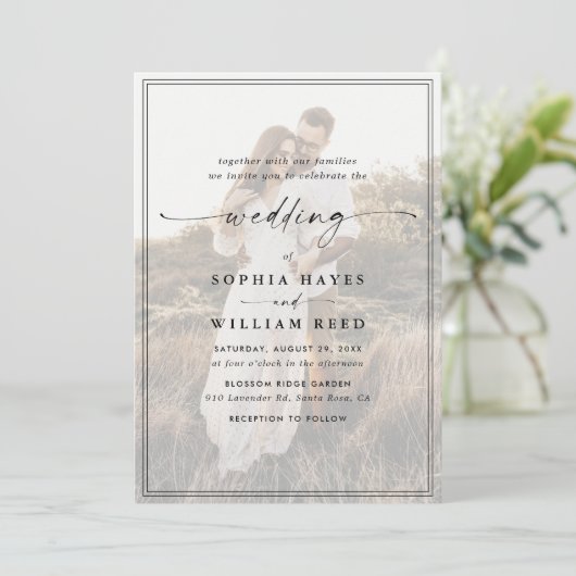 Eenvoudige zwart-wit overlay Moderne foto bruiloft Kaart (Staand voorkant)