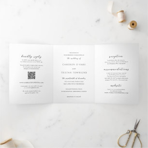 Eenvoudige zwart-wit QR Code Clean Wedding Drieluik Uitnodiging