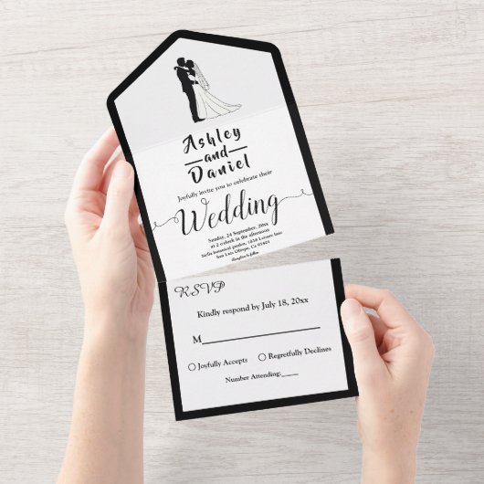 Eenvoudige zwart-wit romantische paar bruiloft all in one uitnodiging (Afscheurbaar)