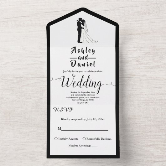 Eenvoudige zwart-wit romantische paar bruiloft all in one uitnodiging (Binnen)