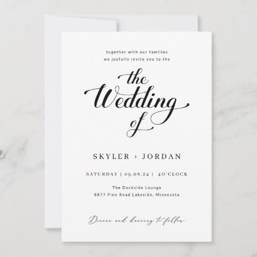 Eenvoudige zwart-wit script minimalistische bruilo kaart (Voorkant)