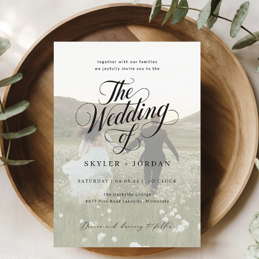 Eenvoudige zwart-wit script overlay foto bruiloft kaart