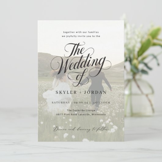 Eenvoudige zwart-wit script overlay foto bruiloft kaart (Staand voorkant)