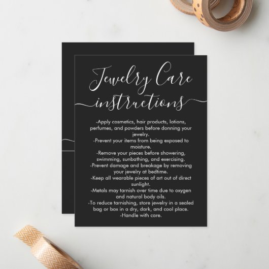 Eenvoudige Zwart Wit Script Sieraden Care Kaart Notitiekaartje (Voorkant / Achterkant in situ)