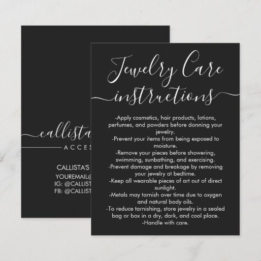 Eenvoudige Zwart Wit Script Sieraden Care Kaart Notitiekaartje (Voorkant / Achterkant)