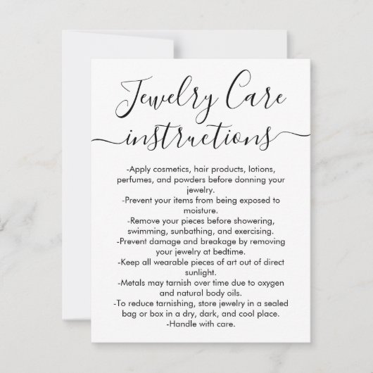 Eenvoudige Zwart Wit Script Sieraden Care Kaart Notitiekaartje (Voorkant)