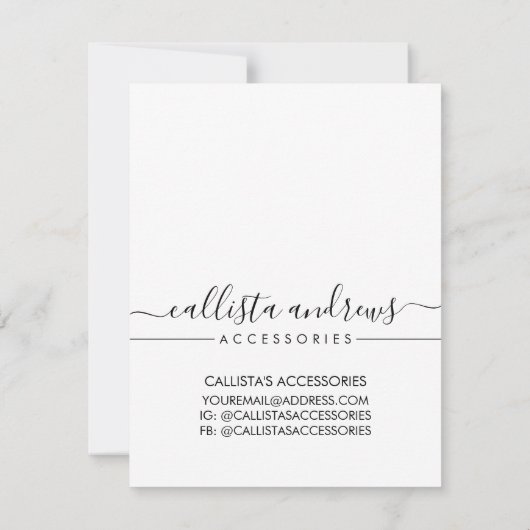 Eenvoudige Zwart Wit Script Sieraden Care Kaart Notitiekaartje (Achterkant)