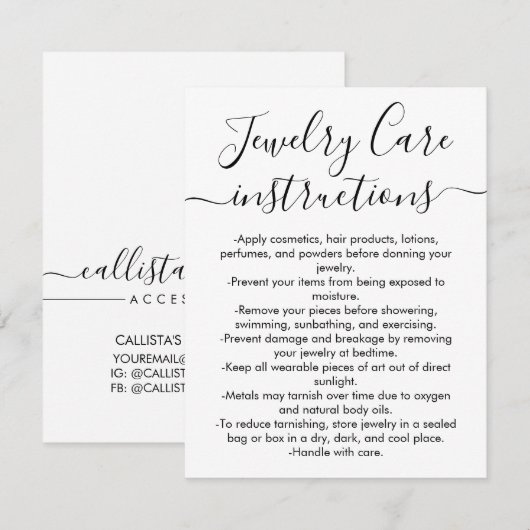 Eenvoudige Zwart Wit Script Sieraden Care Kaart Notitiekaartje (Voorkant / Achterkant)