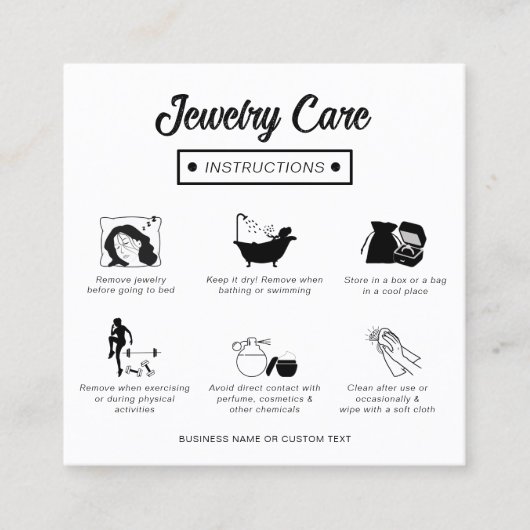 Eenvoudige zwart-wit sieraden verzorging instructi vierkante visitekaartje (Voorkant)