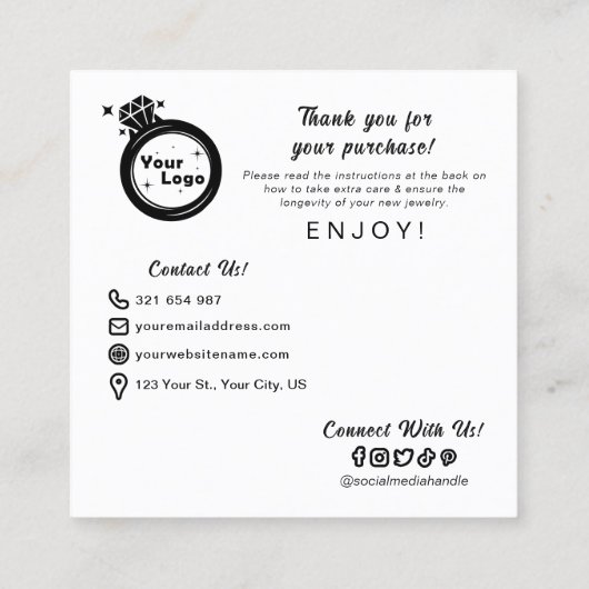 Eenvoudige zwart-wit sieraden verzorging instructi vierkante visitekaartje (Achterkant)