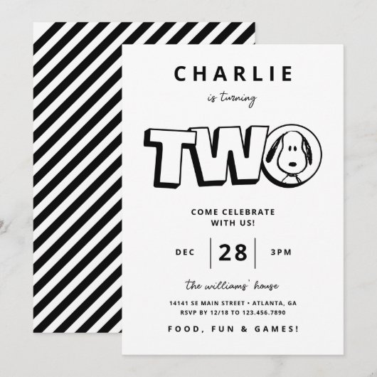 Eenvoudige zwart-wit Snoopy 2e verjaardag Kaart (Voorkant / Achterkant)