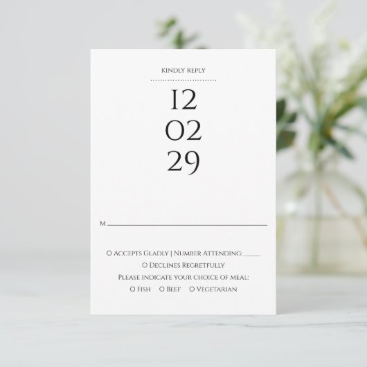 Eenvoudige zwart-wit speciale datum bruiloft RSVP kaartje (Staand voorkant)