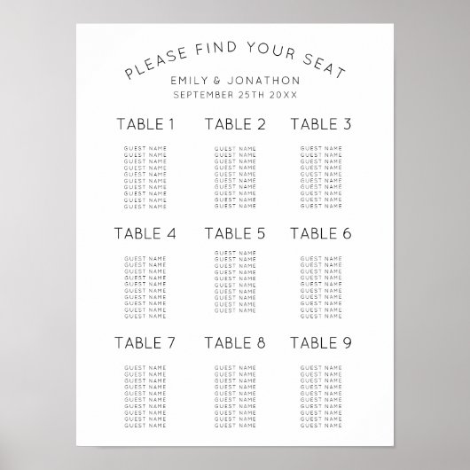 Eenvoudige Zwart-Wit Trouwstoelindeling Poster (Voorkant)