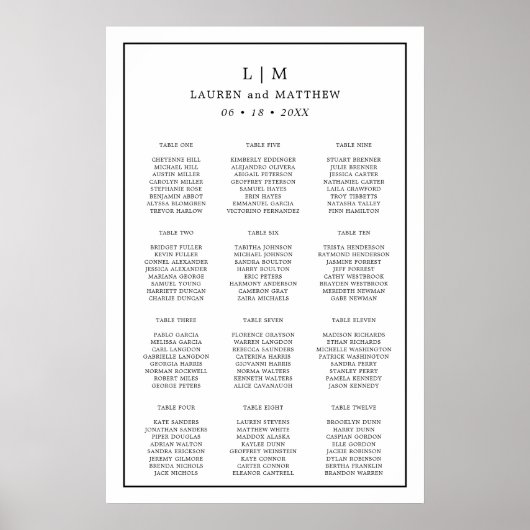 Eenvoudige Zwart-Wit Trouwstoelindeling Poster (Voorkant)