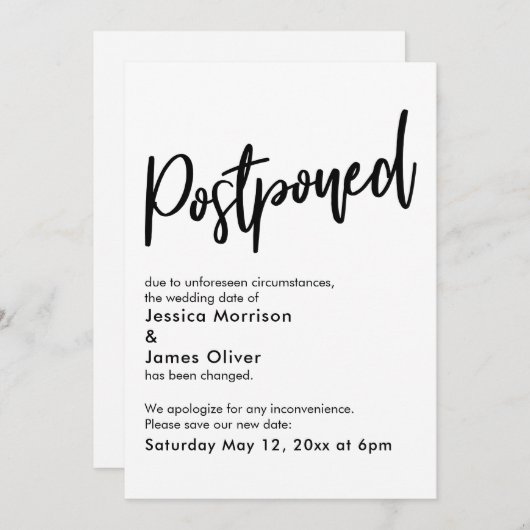 Eenvoudige zwart wit uitgestelde bruiloft aankondi kaart (Voorkant / Achterkant)