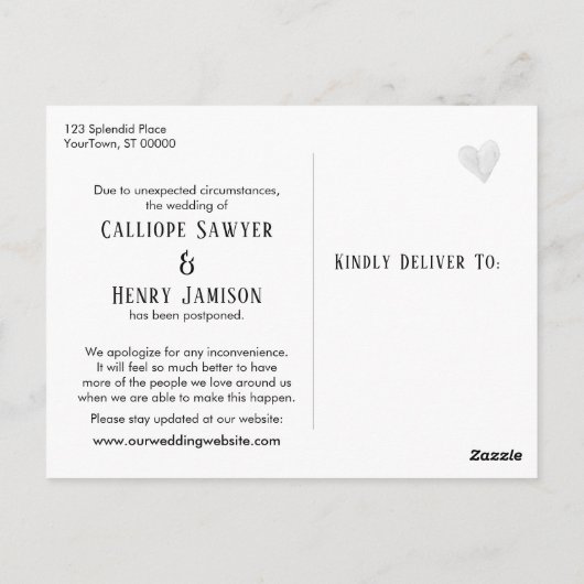 Eenvoudige zwart wit uitgestelde bruiloft update b briefkaart (Achterkant)