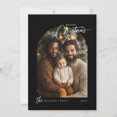 Eenvoudige Zwart Wit Vrolijk Kerstscript Foto Feestdagenkaart (Voorkant)