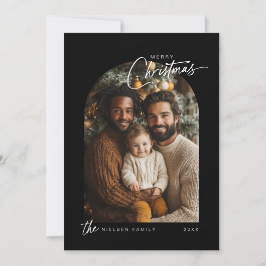 Eenvoudige Zwart Wit Vrolijk Kerstscript Foto Feestdagenkaart (Voorkant)