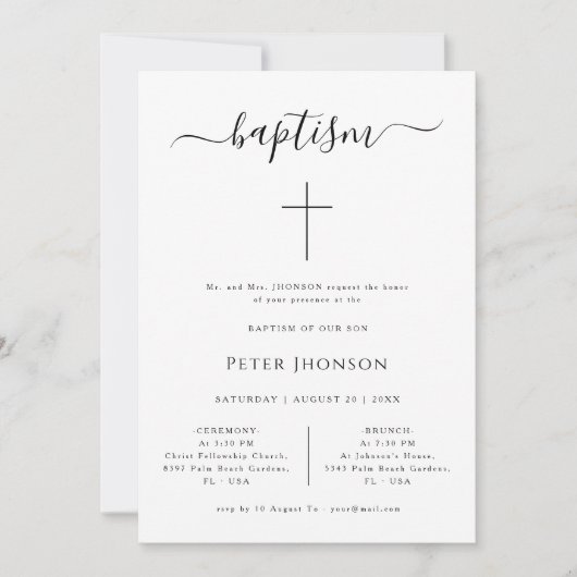 Eenvoudige zwart-wit whimsy kalligrafie doop kaart (Voorkant)