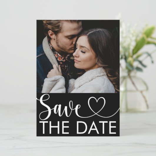 Eenvoudige zwart-witfoto met foto's opslaan de dat save the date (Staand voorkant)