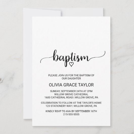 Eenvoudige zwart-witkalligrafie Baptisme Kaart (Voorkant)