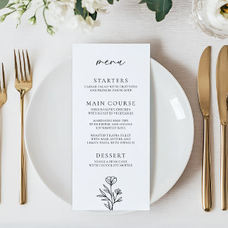 Eenvoudige zwart-witte bloemen outline bruiloft menu