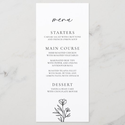 Eenvoudige zwart-witte bloemen outline bruiloft menu (Voorkant)