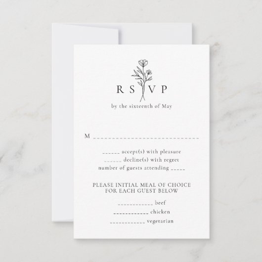 Eenvoudige zwart-witte bloemen verticale bruiloft RSVP kaartje (Voorkant)