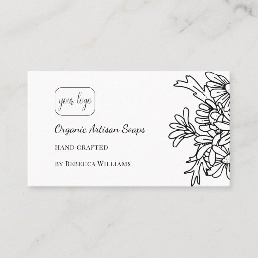 Eenvoudige zwart-witte bloemige handgemaakte zeep visitekaartje (Voorkant)