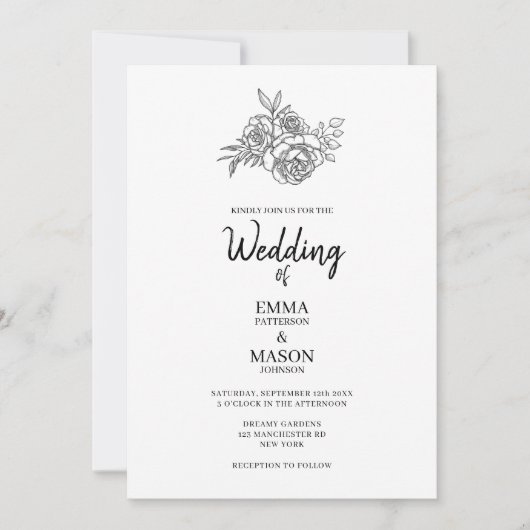 Eenvoudige zwart-witte bloemomtrek kaart (Voorkant)