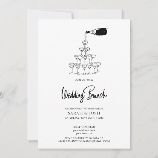 Eenvoudige zwart-witte champagne bruiloft brunch kaart (Voorkant)