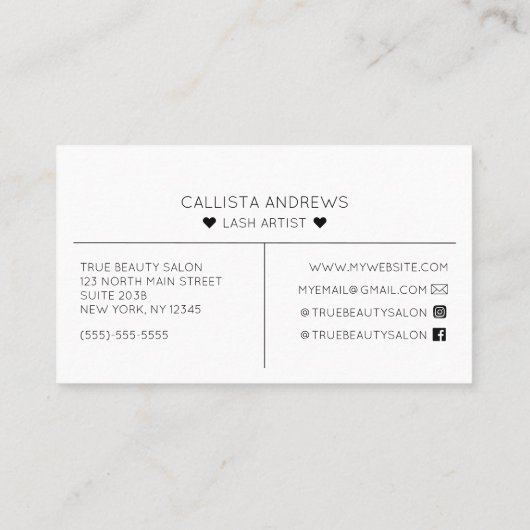 Eenvoudige  zwart witte harten typografie wimpers visitekaartje (Achterkant)