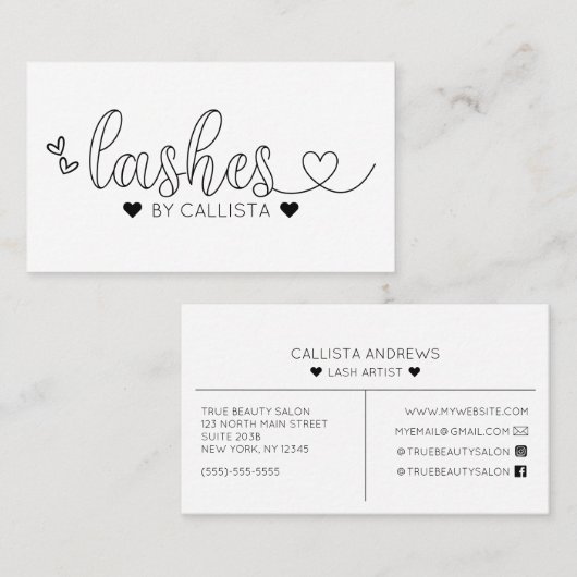 Eenvoudige zwart witte harten typografie wimpers visitekaartje (Voorkant / Achterkant)