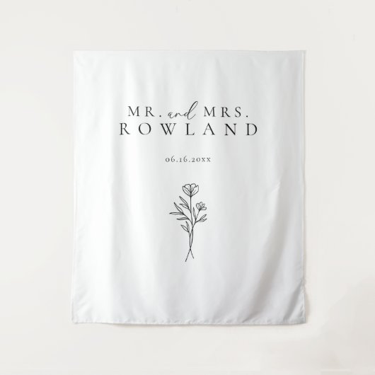 Eenvoudige zwart-witte Pas getrouwd achternaam bru Wandkleed (Voorkant)